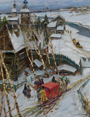 A Russian Rural Scene as of the 16th or the 17th Century, 20th century (oil on canvas)