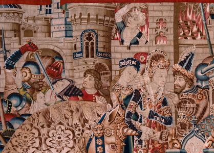 Flemish tapestry. Series The Trojan War. The Destruction of Troy (Destrucción de Troya). Eleventh tapestry in the series. Model Coëtivy Master (Henry or Conrard de Vulcop). Manufacture Tournai workshops. Ca 1470. Fabric Wool and silk, 6/7 warps per cm.