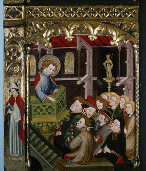 Altarpiece by Juan de Levi, 1401-08. Lawrence of Rome Preaching. Tarazona. Spain.