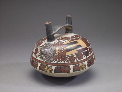 Double Spout and Bridge Vessel with Painted Motifs, Early Intermediate period, c.440-600 (ceramic with pigment)