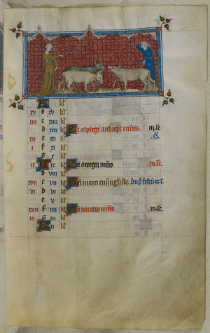 Miniature of men driving oxen and bulls (for the zodiac sign Taurus), from a calendar page for April