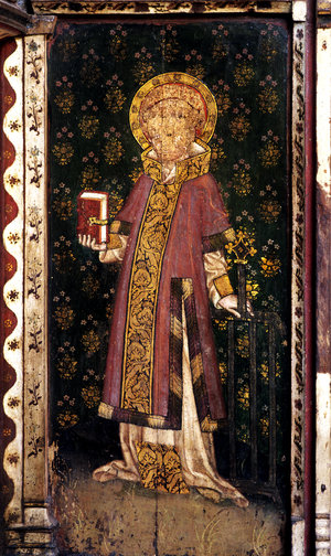 St Lawrence, detail of the rood screen, St Helen's Church, Ranworth, Norfolk, UK (tempera on wood)