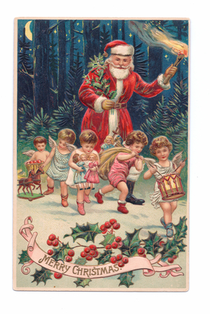 Edwardian Christmas postcard of Father Christmas holding a torch accompanied by little fairies, c.1910 (colour litho)