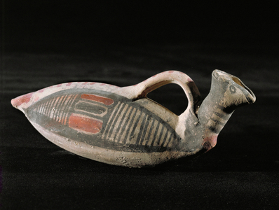 Duck-shaped zoomorphic vessel with coloured designs (terracotta)