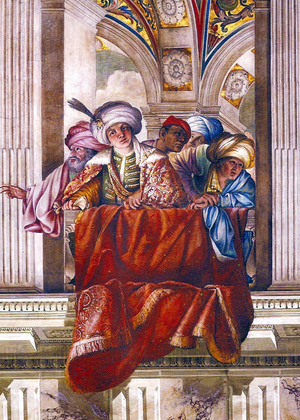 Italy / Iran: The Persian ambassadors of Shah Abbas, 'Aliqoli Beg and Robert Sherley, received by Pope Paulus V as depicted in the Palace of Quirinale in Rome, 1609