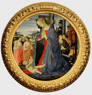 The Virgin adoring the child, with two angels, Saint Joseph and two shepherds