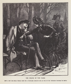 New York woman stealing from a sleeping man in the park (engraving)