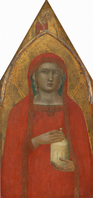 Saint Mary Magdalene, with an Angel [left panel], probably 1340 (tempera on panel transferred to canvas)