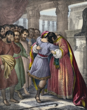 Joseph's forgiveness of his brethren (coloured engraving)