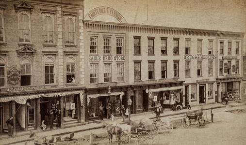 Streetscene with Eagle Drug Store and Horse-Drawn Carriages, Binghamton, New York, USA, c.1875 (silver gelatin print)
