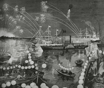 Journey to Portugal of the kings of Spain, Alfonso XII and Maria Cristina de Habsburgo-Lorena, Lisbon, Celebrations in honour of the kings on the Tagus River, by Rico, 1882 (engraving)