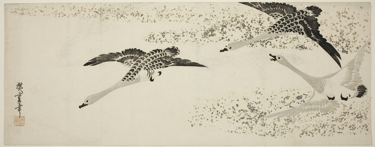 Descending Geese, c.1830 (woodblock print; nagaban, surimono)