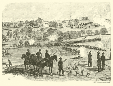 Union position near the centre, Battle of Gettysburg, 2 July, July 1863 (engraving)