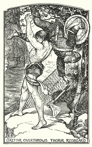 Grettir overthrows Thorir Redbeard (litho)