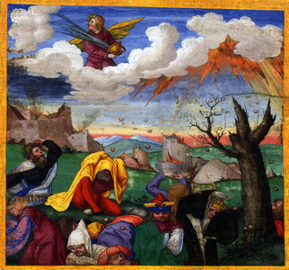 Germany: The Giving of the Seventh Bowl of Wrath, Revelation 16:17-21. Illuminated miniature from the Ottheinrich Bible
