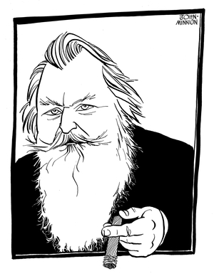Johannes Brahms playing the piano, with a cigar in his mouth and a glass of wine by his side, by John Minnion