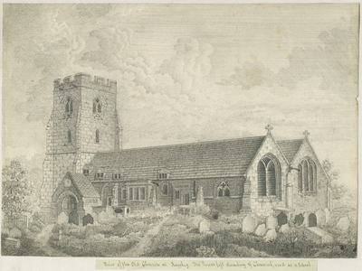 Rugeley Church (Old): pen and ink drawing, nd [c 1835] (drawing)
