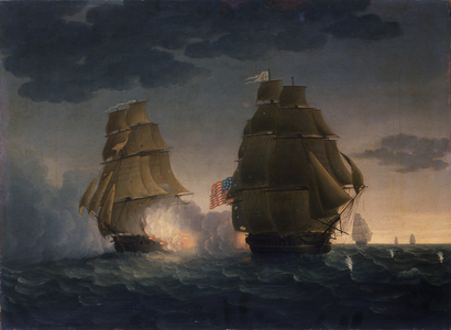 Escape of H.M.S. Belvidera from the U.S. Frigate President, 1815 (oil on canvas)