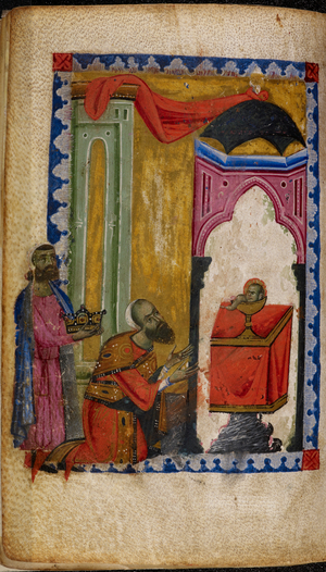 King Levon (for whom this manuscript was made) kneels before an altar in prayer. A golden chalice is placed on the altar, from which emerges the halved head of the infant Jesus. The king's uncle, Baron Vasak, stands behind him holding the King's crown, to illustrate his role as keeper of the crown, Or. 13993, f.9v