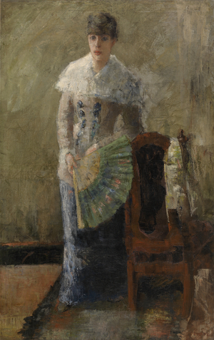 Lady with fan (oil on canvas, mounted on panel)