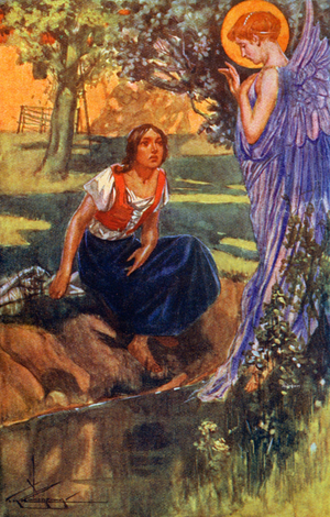 "When she had heard it three times, she knew it was the voice of an angel" (colour litho)