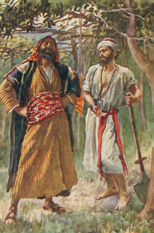 Middle Eastern men in a grove (colour litho)