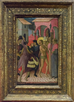 St. Francis strips off his clothes and renounces his father Pietro di Bernardone's possessions, 1429. (panel)