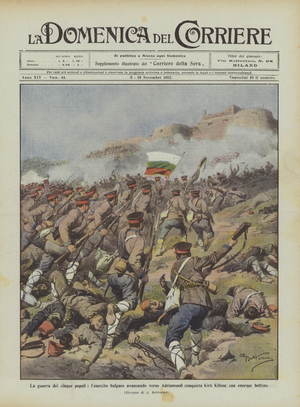 The war of the five peoples, the Bulgarian army advancing towards Adrianople conquers Kirk Kilisse  (colour litho)