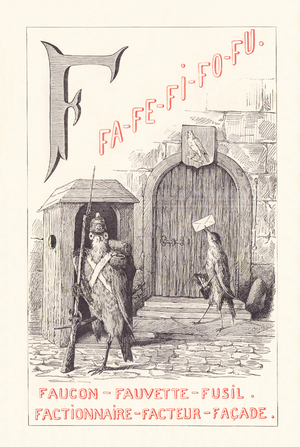 F: FA FE FI FO FU - Falcon - Warbler - Rifle - Factionary - Facade, 1879 (engraving)