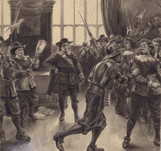 Oliver Cromwell expelling the remaining members of the House of Commons, 1653 (gouache on paper)