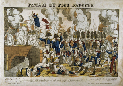 Napoleon Bonaprte leading his troops across the bridge at Arcole (Arcola). French victory over the Austrians 15 November 1796. Popular French hand-coloured woodcut.