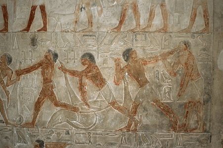 Relief, Butchering oxen, Mastaba of Ptahhotep and Akhethotep, Egypt