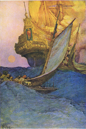 An attack on a galleon, from Howard Pyle's Book of Pirates published by Harper & Bros, 1921 (colour litho)