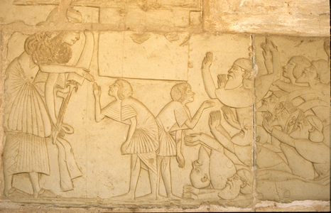 Ancient Egypt, Carving, Tomb of Horemheb, New Kingdom, Amarna style, Horemheb receiving foreign representatives and prisoners, Saqqara (photo)