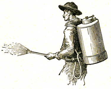 Farmer treating crops with a backpack sprayer, 1900 (engraving)