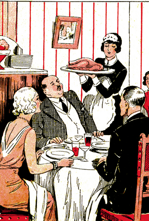 Maid serving guests at table, c.1900 (illustration)