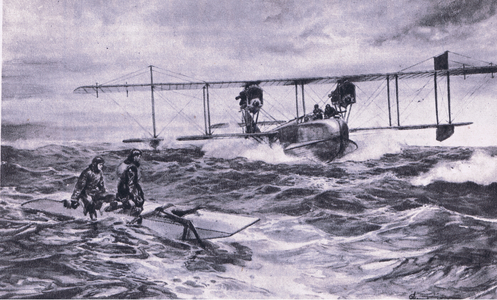 A H.12 flying boat rescuing a seaplanes crew from the North Sea, 1918, from British Adventure published by Collins, 1947 (litho)