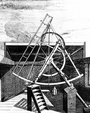 Flamsteed's equatorially mounted sextant fitted with telescope. Side showing gearing for aligning sextant. Flamsteed was the first Astronomer Royal. From Historia Coelestis Britannica John Flamsteed (London 1725). Engraving.