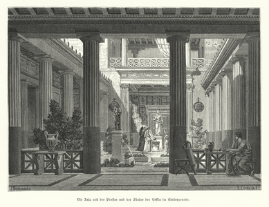 Open court of an Ancient Greek house, with a statue of the goddess Hestia in the background (engraving)