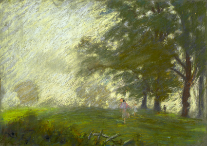 A young girl skipping in a glade (pastel on paper)