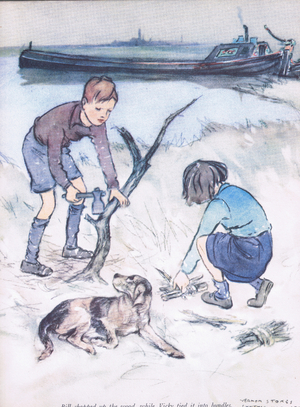 Bill chopped the wood, whileVicky tied it into bundles, from Mudlarks published by Collins, 1940 (colour litho)