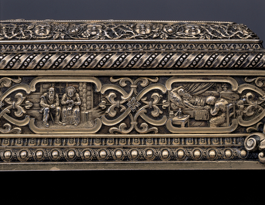 Detail of a miniature human skeleton and sarcophagus, 1892-1901 (silver gilt) (see also 469725 to 469729)