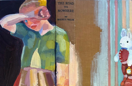 the road to no where, 2023, (oil on antique linen book cover)
