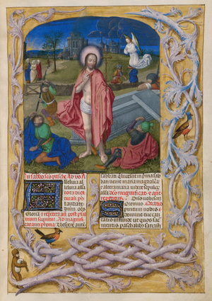 The Temporale; Easter Sunday. The Risen Christ with three sleeping soldiers; behind the three Maries. Text with decorated initial 'A'. Borders of trompe l'oeil decoration with acanthus, birds, and a monkey with bagpipes