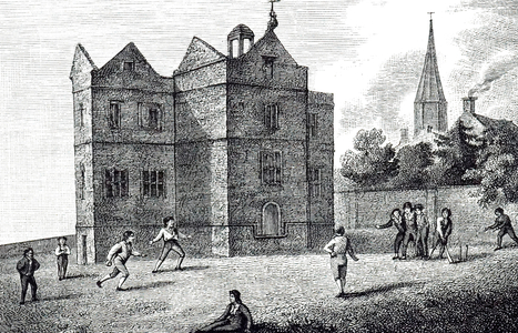 An engraving depicting a view of Harrow School with boys playing cricket, 19th century