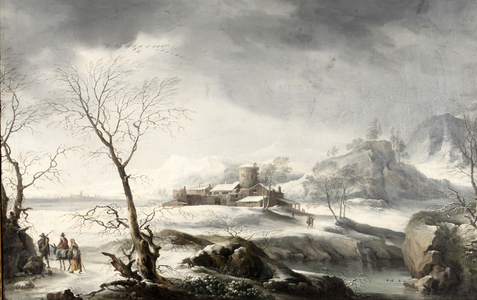 Winter Landscape with a Farm and Travellers (oil on canvas)