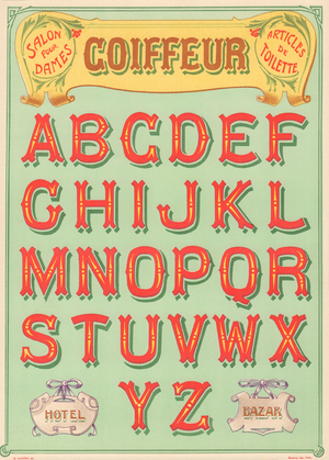 Plate n° 9: Art Nouveau sign painter models (Hairdresser, Hotel, Bazaar). Capitalization abecedary.