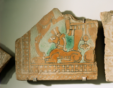 Fragment of an ornamental tile, polychrome faience ...