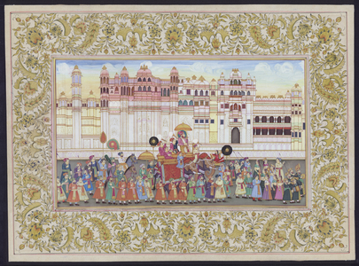 Procession of a wealthy Mughal man and his entourage (gouache on paper)