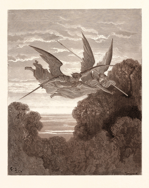 Ithuriel and Zephon, by Gustave Doré, 1832 - 1883, French. Engraving for Paradise Lost by Milton. 1870, Art, Artist, Romanticism, Colour, Color Engraving